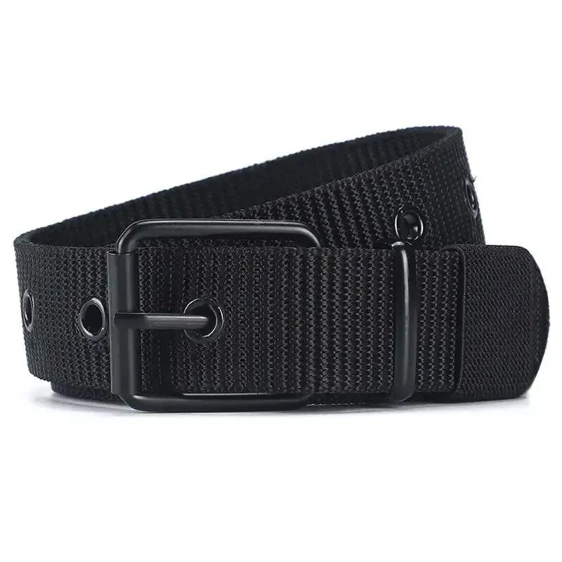 Men's Belt Porous Canvas Pin Buckle Leather Belt Outdoor Sports Belt Women's Trendy Eyelet Belt With Jeans Belt For Men Women Oasis Select Black 120cm