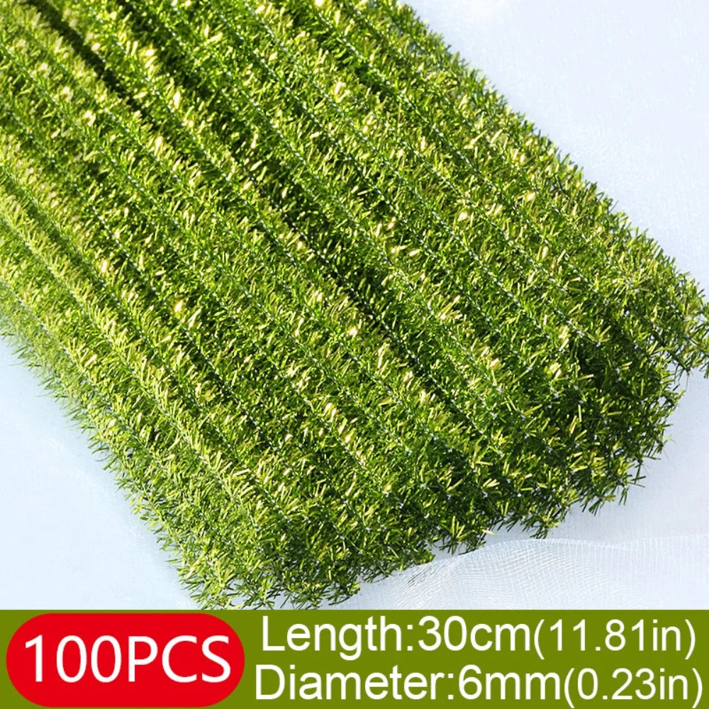 100pcs New 30cm Glitter Chenille Stems Wool Top Christmas DIY Craft Supplies Torsion Bar Tinsel Stems Oasis Select Light Green