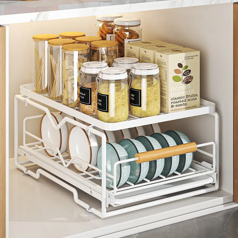 Kitchen Household Drain Bowl Rack Layered Seasoning Bowl Rack in Cabinet Double Layer Drawer Type Pull Basket Dish Storage Rack Oasis Select