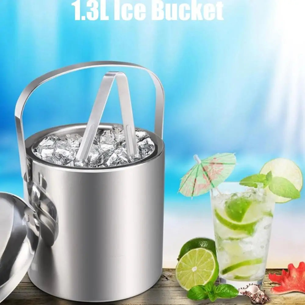 Stainless Steel Ice Bucket with Lid & Tongs | 1.3L Bar Cooler