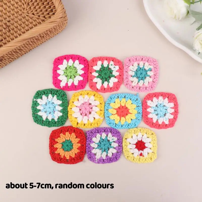 10Pcs Random Mix Colors Handmade Crochet Doilies Suit Square Flower Piece For Diy Clothing Pocket Coaster Bag Tablecloth Oasis Select 01