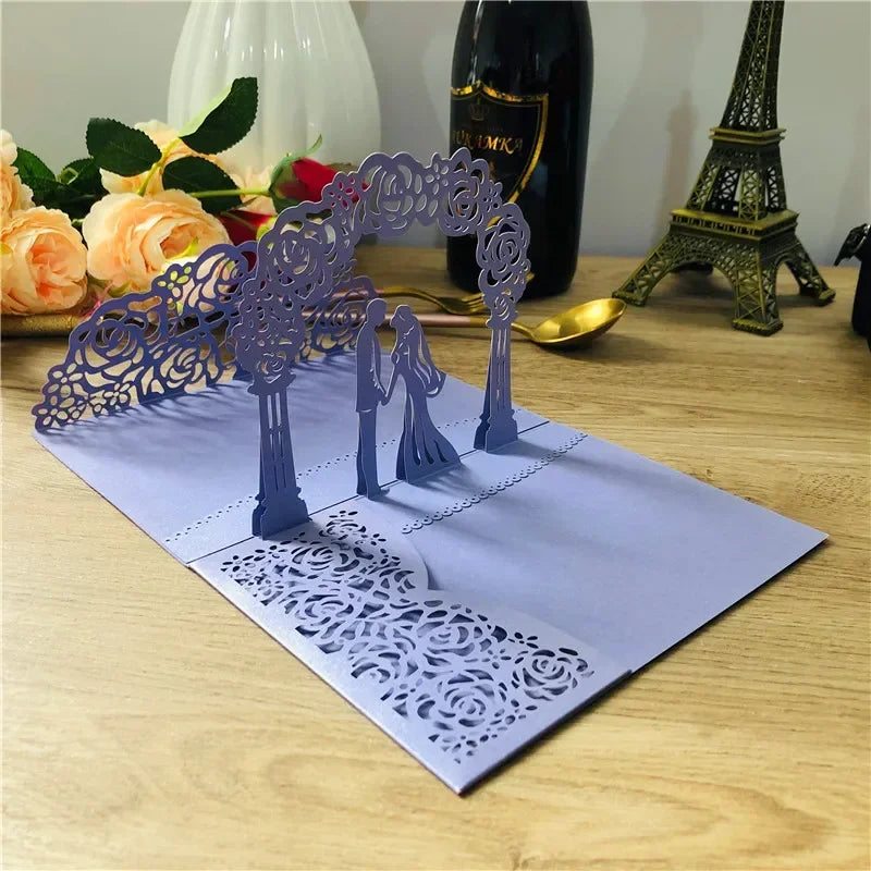 3D Bride and Groom Rose Gold Pop Up Wedding Invitations Laser Cut Greeting Cards Envelope Bridal Shower Invitation Cards Oasis Select Purple