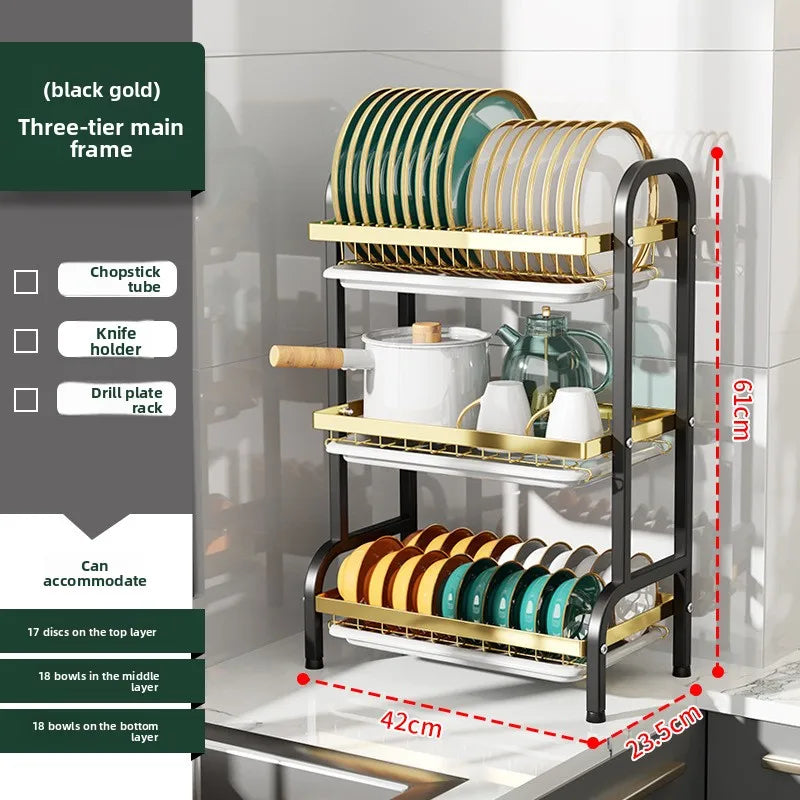 Kitchen Storage Artifact H-Type Dish Rack Drain Rack Multi-layer Multifunctional Bowl Rack Chopstick Rack Kitchen Shelf Oasis Select HJ three layers