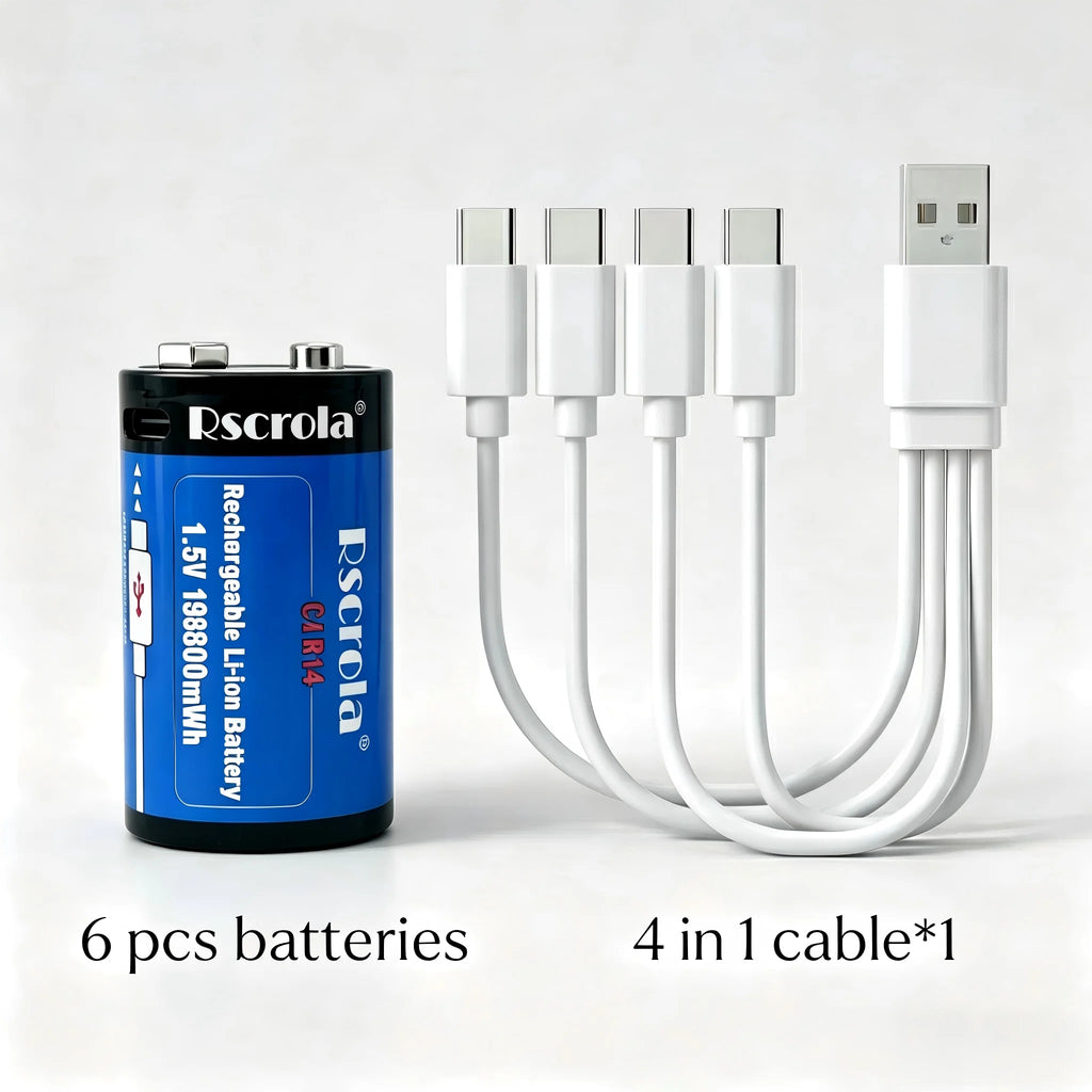 USB-C Rechargeable D Cell /C Cell Battery Li-ion High Capacity 23800mWh 19800mWh Rechargeable Batteries for Flashlight Radio Toy Oasis Select 1.5V 6 C Size Batteries