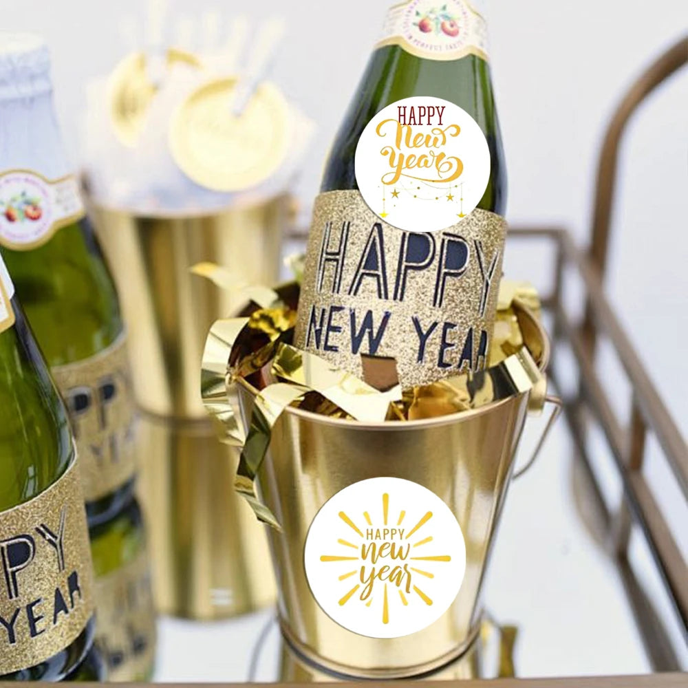 500pcs Gold Foil Happy New Year Stickers – Gift & Cake Packaging