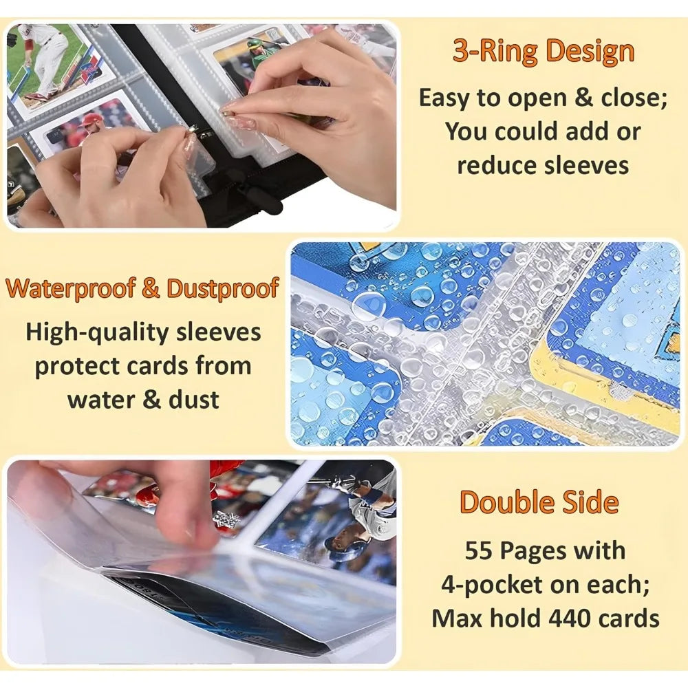 Trading Card Binder 400 Pockets 50 Pages Zipper 3 Ring Sports Album Baseball Card Storage Holder Compact Collector Case Oasis Select
