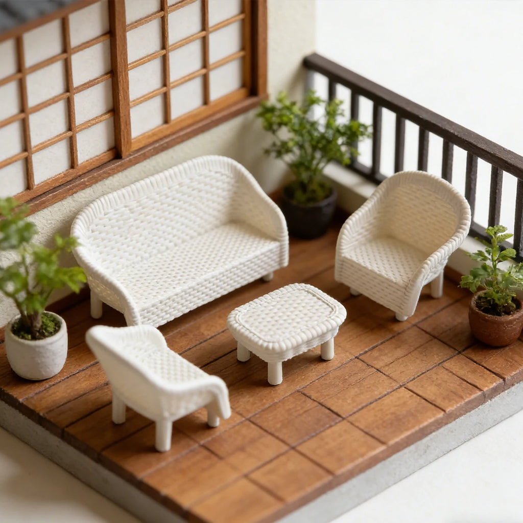 4 PCS Miniature White Wicker Tea Table & Chair Set Dollhouse Furniture Micro Landscape Props for Bedroom Fairy Garden Decor Oasis Select