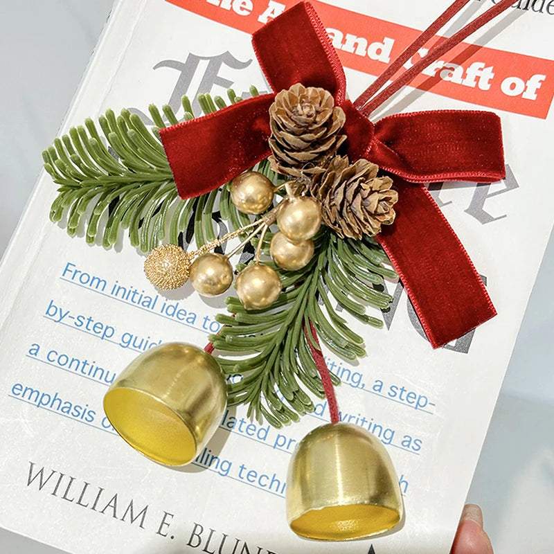 Christmas Jingle Bell Door Hanger – Velvet Bow & Pine Cone Ornament