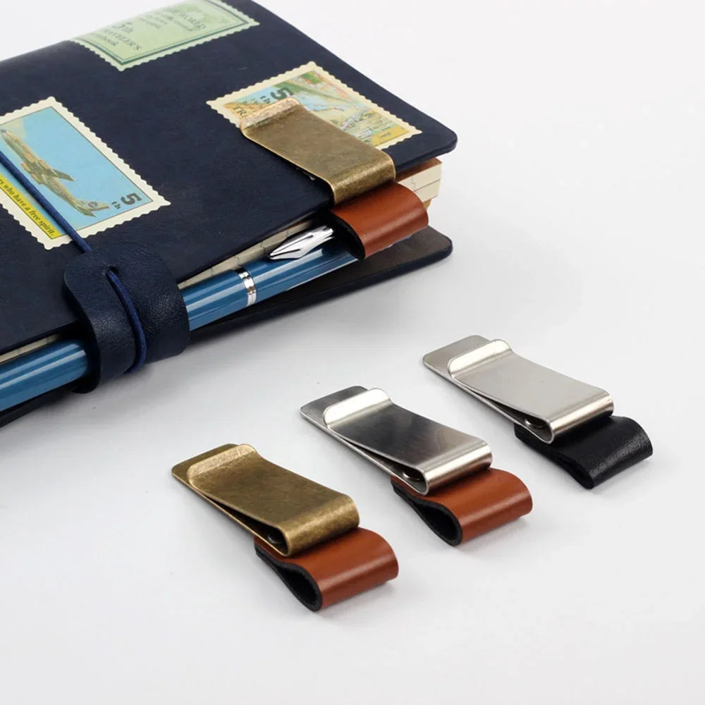 Notebook Paper Folder Retro Leather Journal Notebook Pen Holder Clips Bookmark With Stainless Steel Clip For Office Stationary Oasis Select