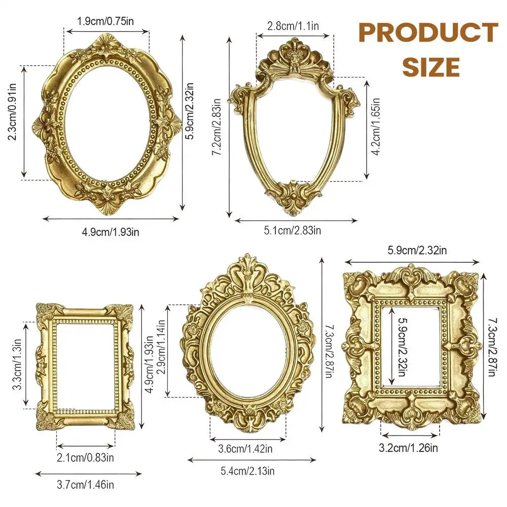 5-Pack Vintage Mini Picture Frames – Baroque Golden Resin Decor
