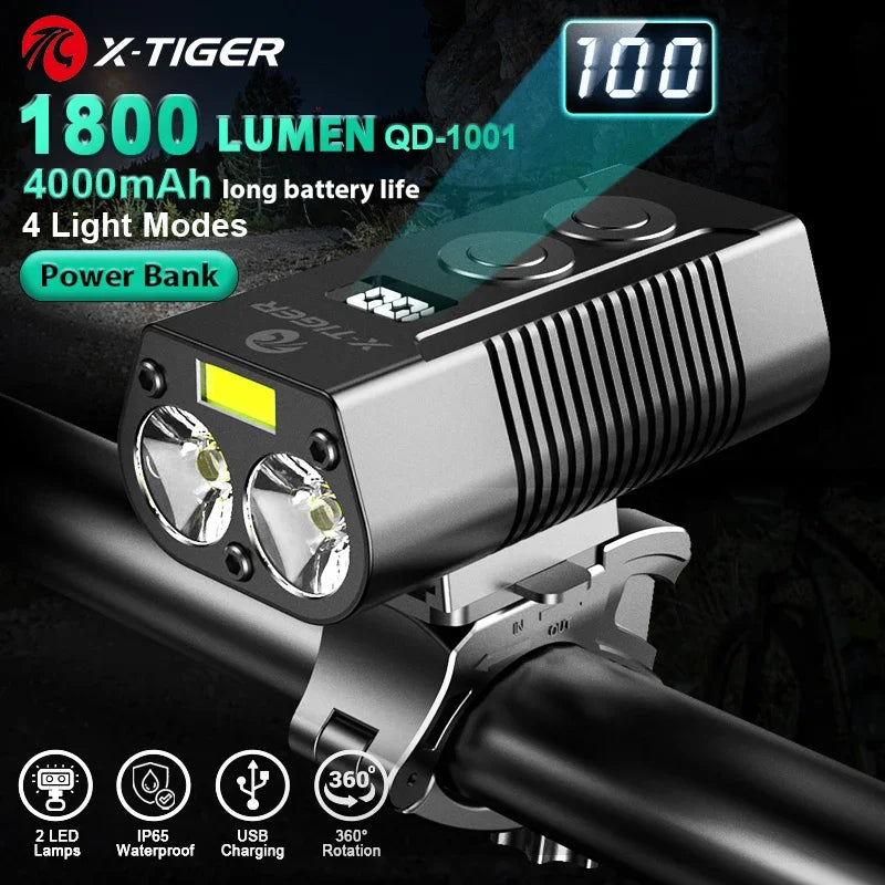 X-TIGER Bike Light Set Powerful USB Rechargeable Bright 10000mAh Bicycle Front Lights IPX5 Waterproof Front Lamp Cycling Oasis Select QD-1001