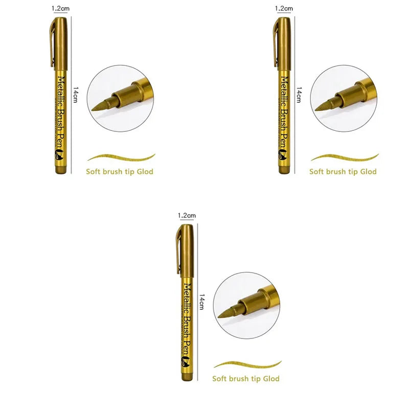 1/2/3pcs Soft Brush Metallic Marker Pens Gold Silver Permanent Art Markers For Glass Ceramics Resin Crafts Scrapbooking Painting Oasis Select 3pcs Brush Gold