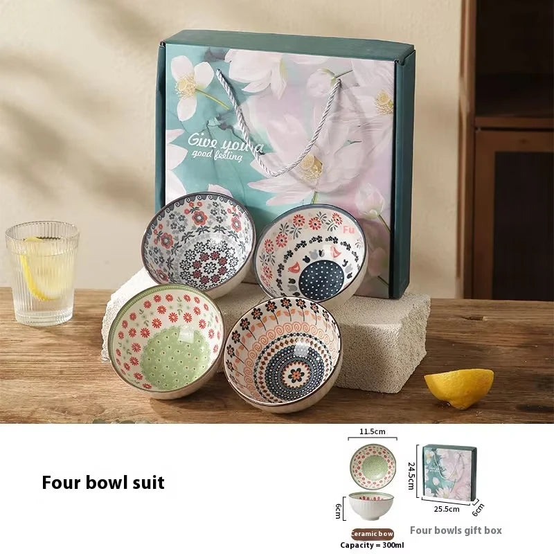 Exquisite Porcelain Bowl Set Dessert Salad Snack Bowl Kitchen Noodle Bowl Tableware Gift Box Microwave Safe New Year's Gift Oasis Select 4pcs