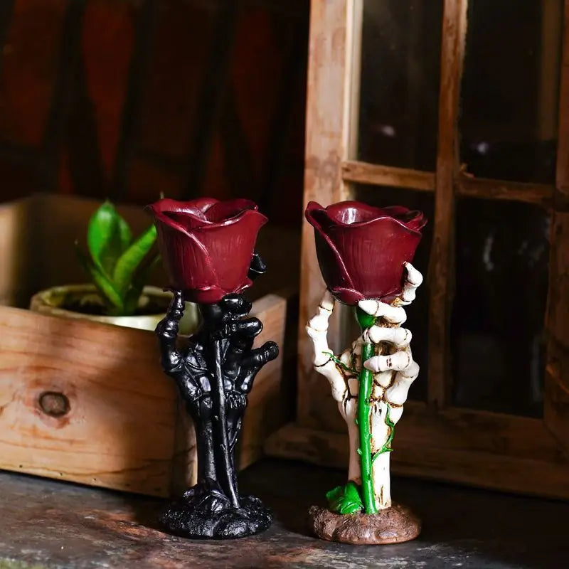 Halloween Skeleton Hand Rose Candlestick Decoration A Resin Home Retro Romantic Candlestick Atmosphere Decoration Oasis Select