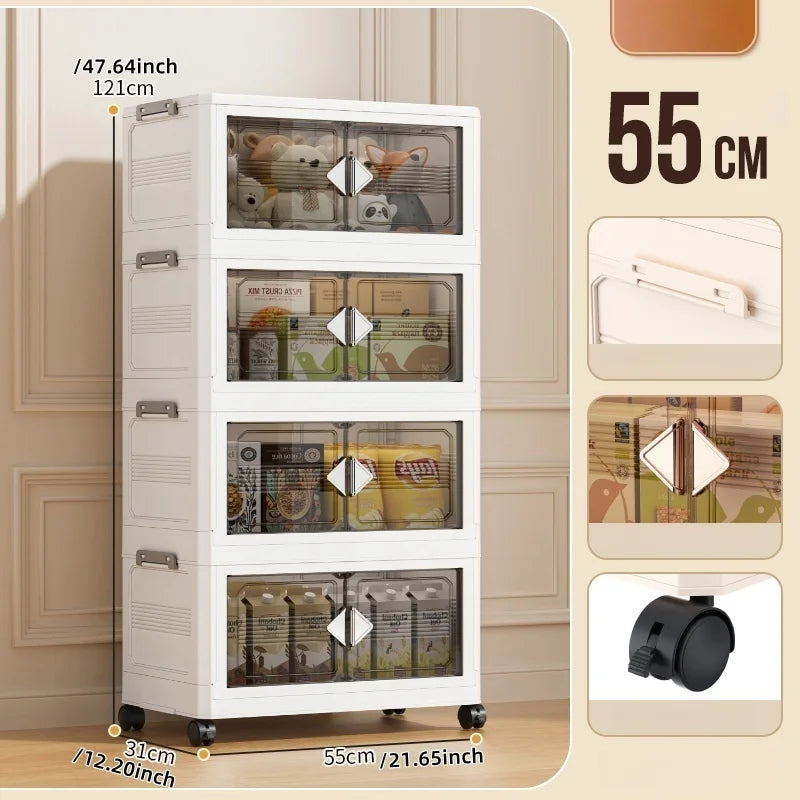 Foldable 55cm Width Plastic Storage Box Wheeled Multi-layer Clothing Cabinet Organizer for Books/Kitchen Supplies/Wears Oasis Select 55cm-White-4 Layers