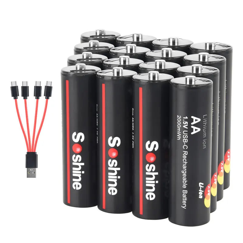 Soshine Original Li-ion AA Rechargeable Batteries USB Lithium battery 2000mWh 1.5V AA Rechargeable Batteries with Charging cable Oasis Select 16pcs AA 1.5V 2000