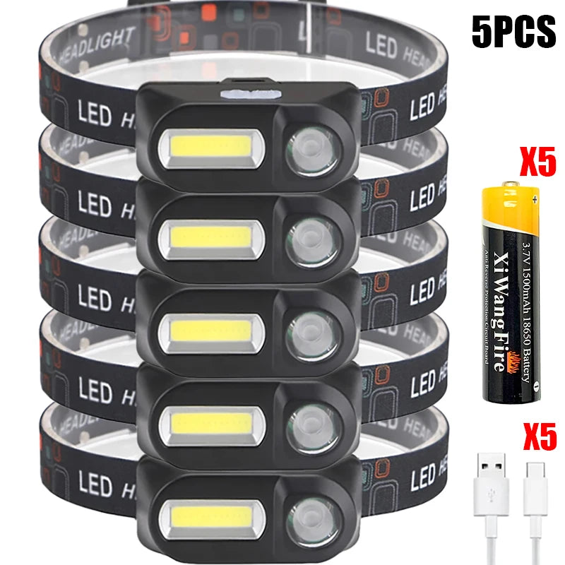 Mini Portable XPE+COB Headlamp Dual Light Source USB Rechargeable Use 18650 Battery Outdoor Camping Fishing Headlight Oasis Select 1500mAh 5PCS