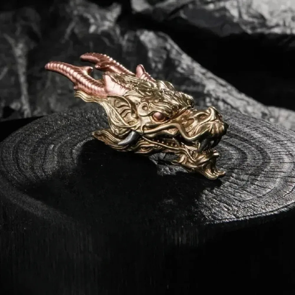 Gold Brass Dragon Head Keychain with Key Ring Fine Carved Domineering Car Keychain Multifunctional Metal Ornaments Luxury Gift Oasis Select