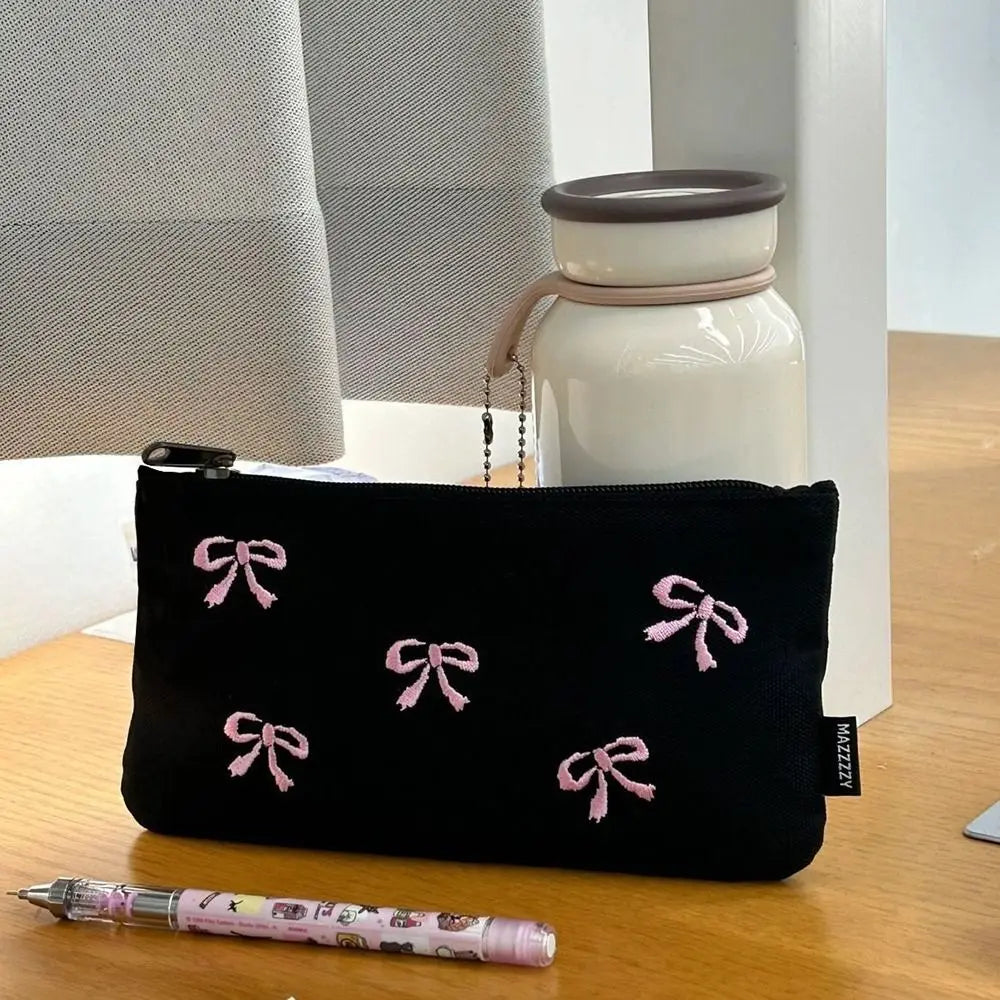 Funny Canvas Cute Embroidered Bag Bowknot Square Shape Stationery Bag Lovely Print Storage Bag Oasis Select