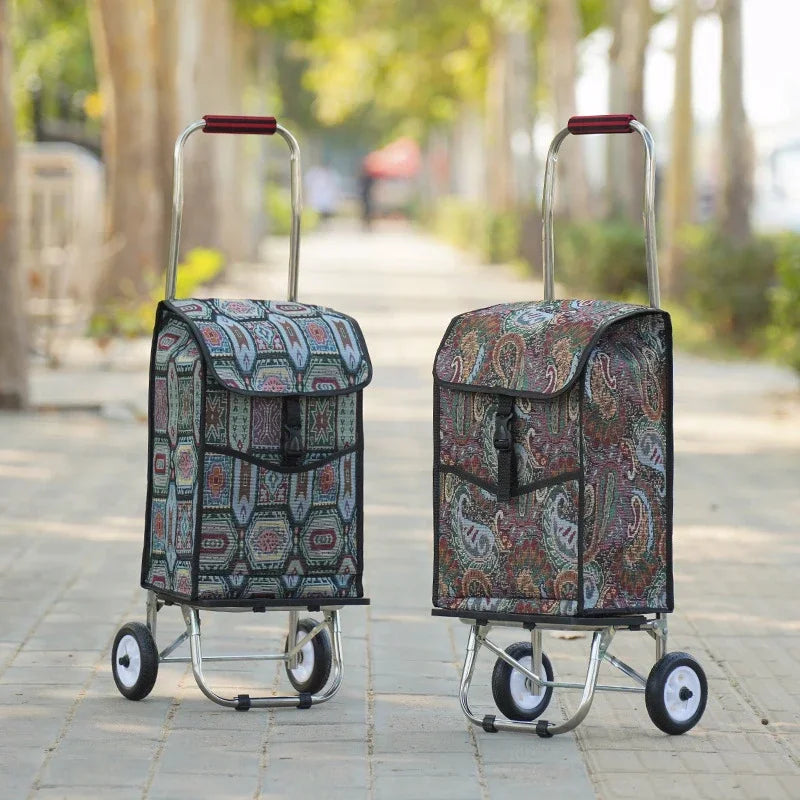 Household Goods Shopping Cart Folding Supermarket Vegetable Market Shopping Cart Oxford Stainless Steel Frame Pull Rod Truck Oasis Select