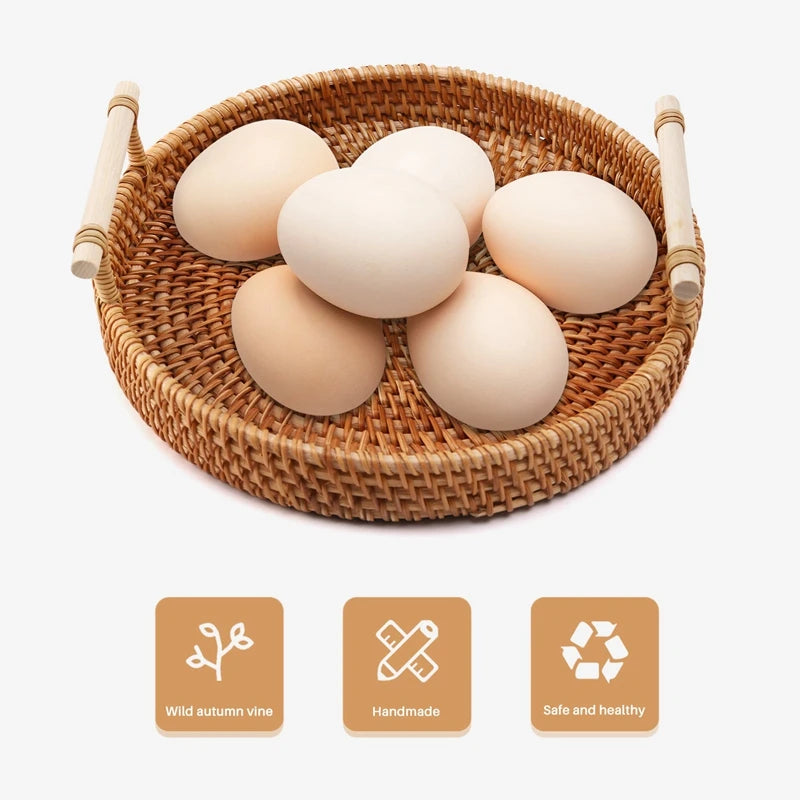 WISH Rattan Storage Tray, Round Basket With Handle, Hand-Woven, Rattan Tray Wicker Basket Bread Fruit Food Breakfast Display L Oasis Select