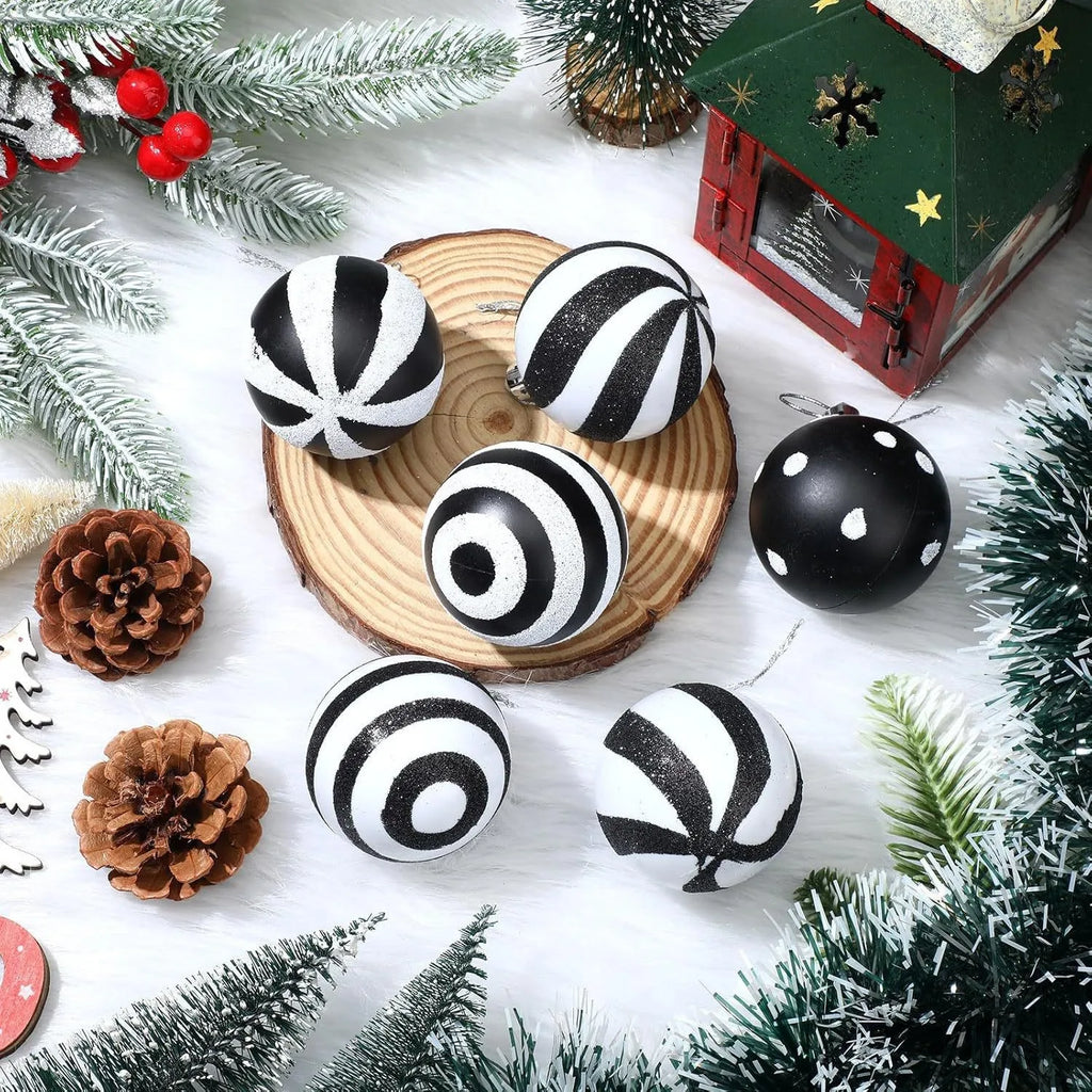 24 Christmas Black And White Ball Party Tree Decorations Plastic Painted Ornaments 6cm Striped Dot Hanging Balls Oasis Select