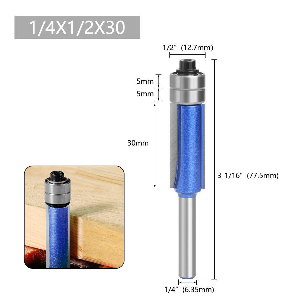 Sparkling Silver-Blue Double Bearing Flush Trim Router Bit 1/4" Shank Dual Cutting Blades for Woodwork Tool Electric Accessories Oasis Select 1PC-04