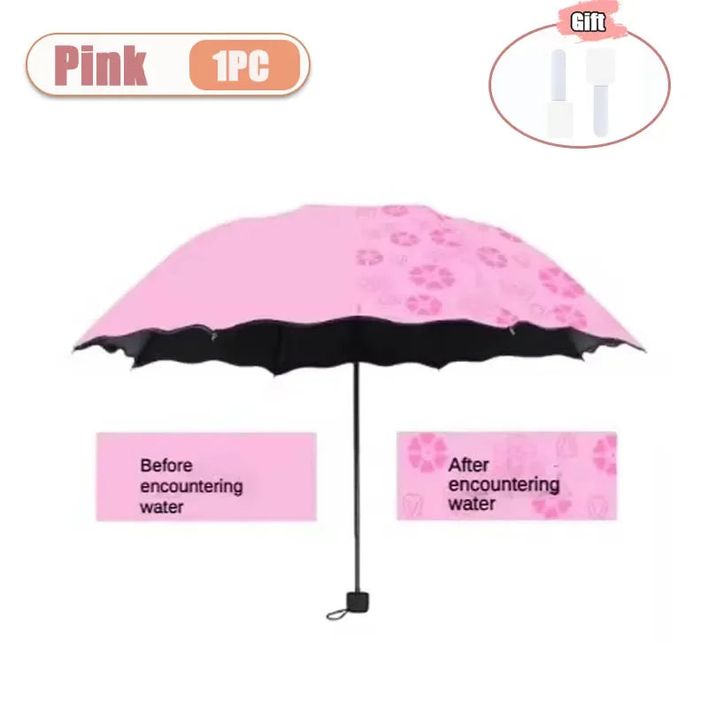 Portable Creative Water Flowering Umbrella Manual Black Coating UV Protection Sun Rain Dual Use Folding Parasol Oasis Select metal-fiber composite 8K Pink-1PC