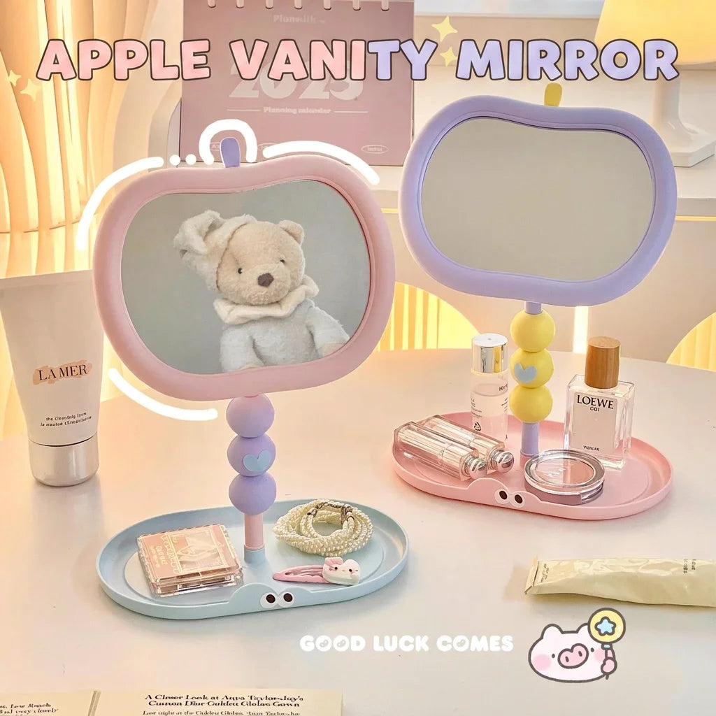 Cute Apple-Shaped Tabletop Vanity Makeup Mirror, HD Clear Adjustable Rotating Mirror With Storage Tray For Dorm Bedroom Oasis Select