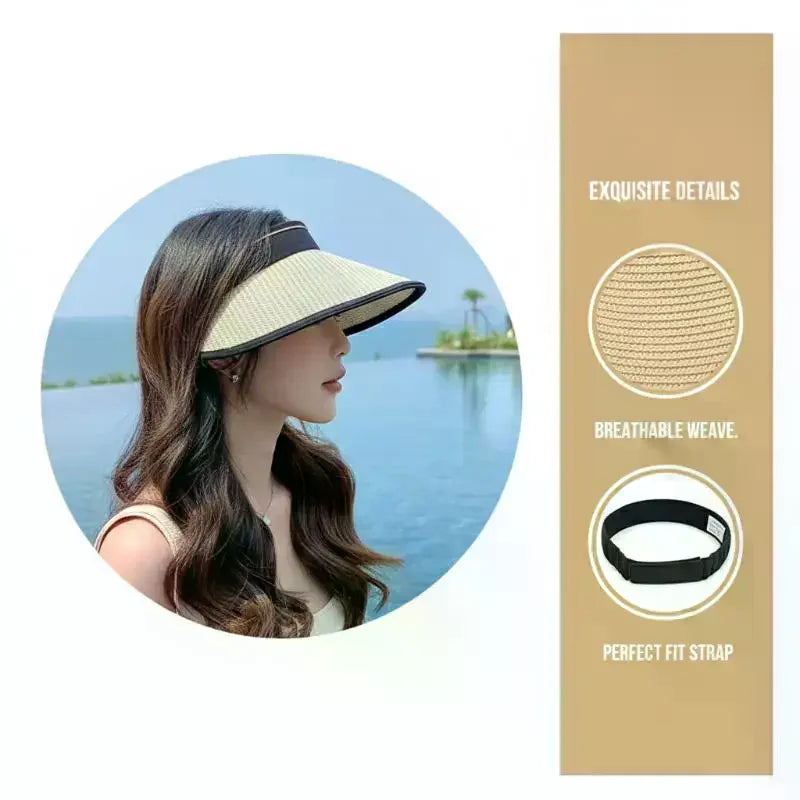Foldable Empty Top Straw Sun Visor Hat Women Girls UV Protection Casual Beach Sunshade Outdoor Cap Oasis Select