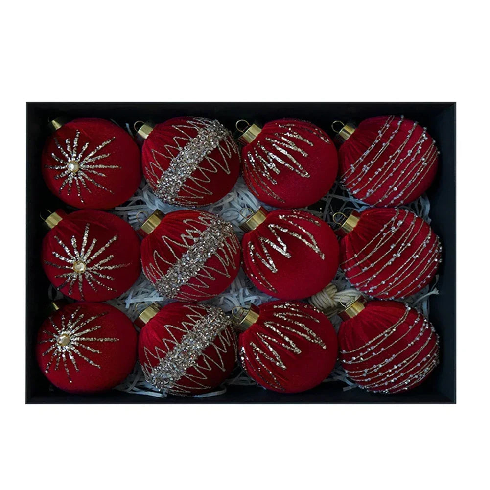 12 Velvet Christmas Tree Decorations 8cm Flocked Ornaments for Seasonal Home Display on Trees Garlands and Fireplaces Oasis Select Red China Mainland