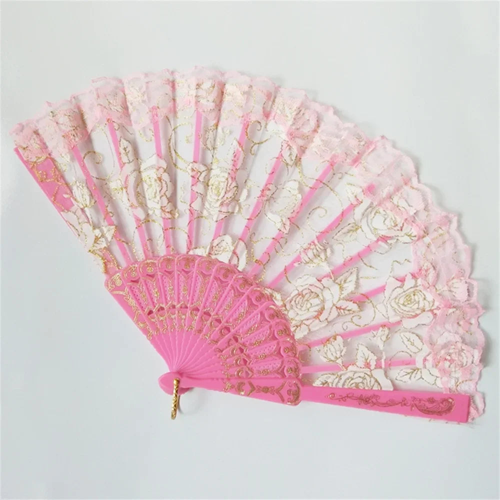 23 Colors Lace OR Cloth Spanish Fabric Silk Folding Hand Held Dance Fan Flower Party Wedding Prom Dancing Summer Fan Accessories Oasis Select pink A