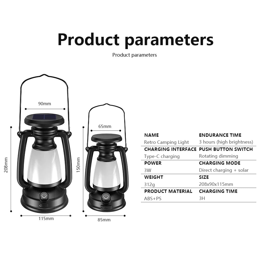 USB Rechargeable Camping Light Portable Camping Lanterns Hanging Tent Light 3000-5000K Stepless Dimming with Solar Charging Oasis Select