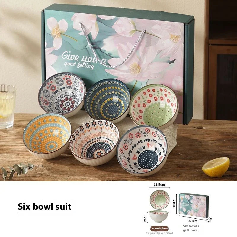 Exquisite Porcelain Bowl Set Dessert Salad Snack Bowl Kitchen Noodle Bowl Tableware Gift Box Microwave Safe New Year's Gift Oasis Select 6pcs