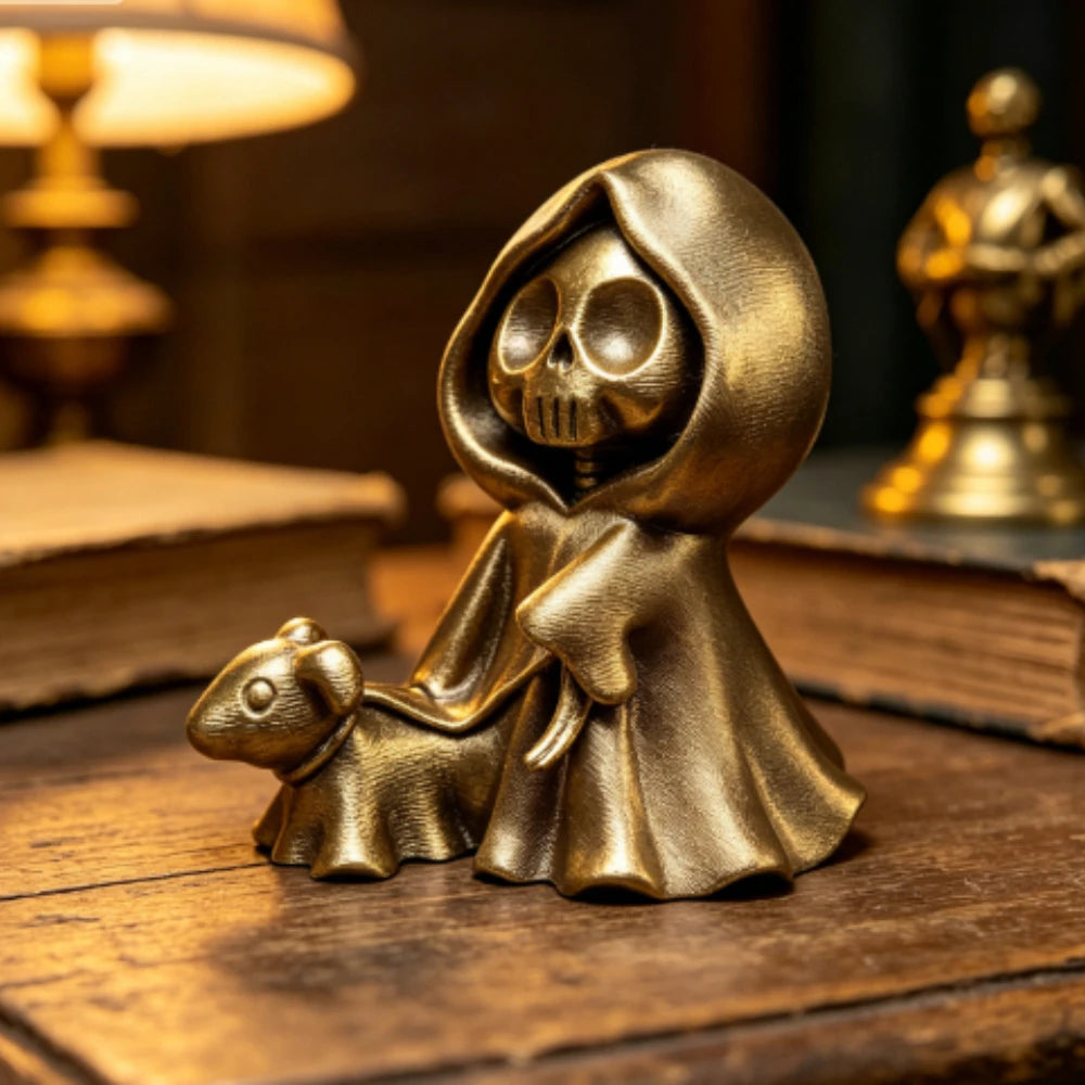 Miniature Grim Reaper Figurines with Ghost Puppy 3D Printed Cute Skeleton Ghost Walking Dogs Statues DIY Paintable Desktop Decor Oasis Select