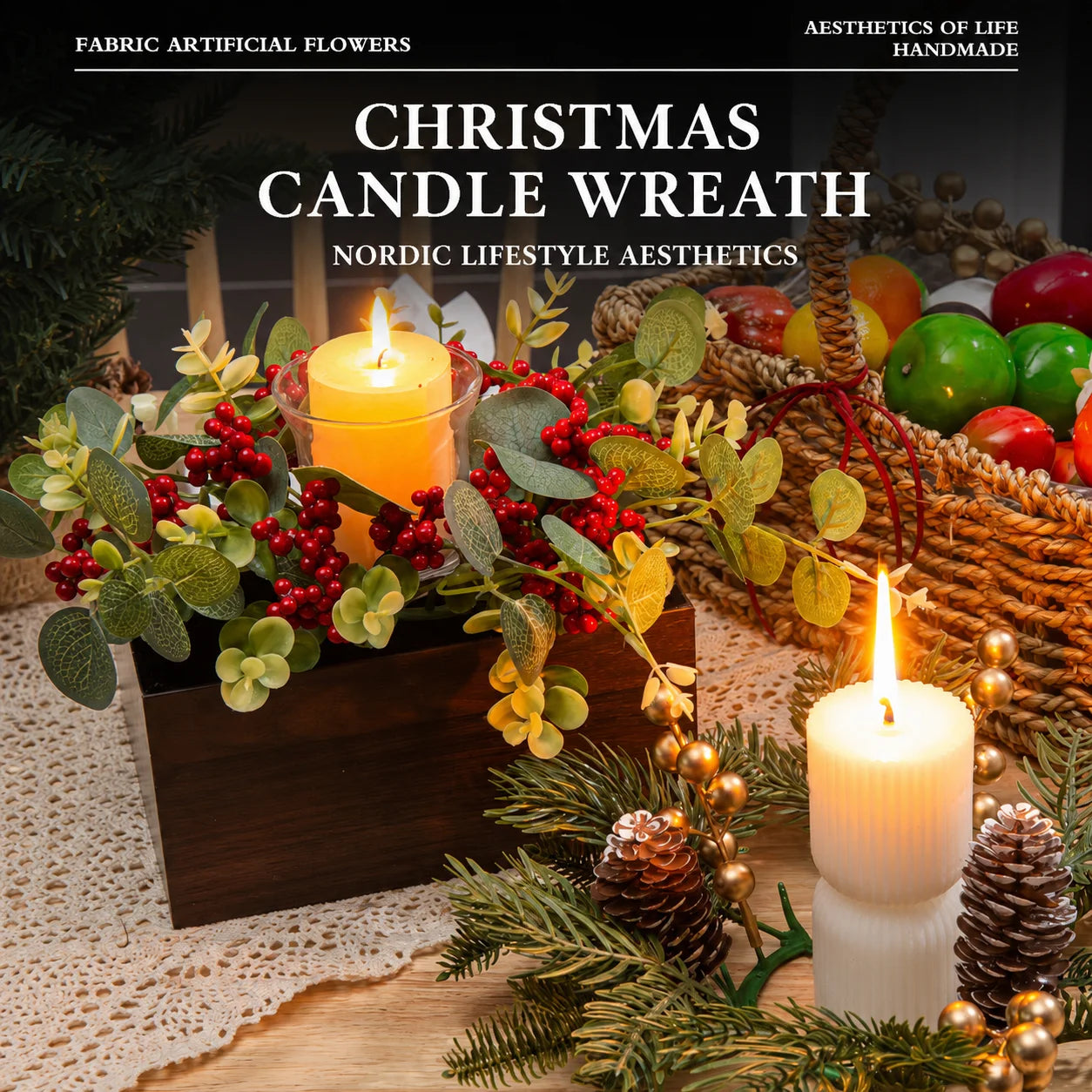 Artificial Christmas Candle Ring Wreath with Pine Cone Red Berries for Table Centerpiece Holiday Home Decoration Oasis Select