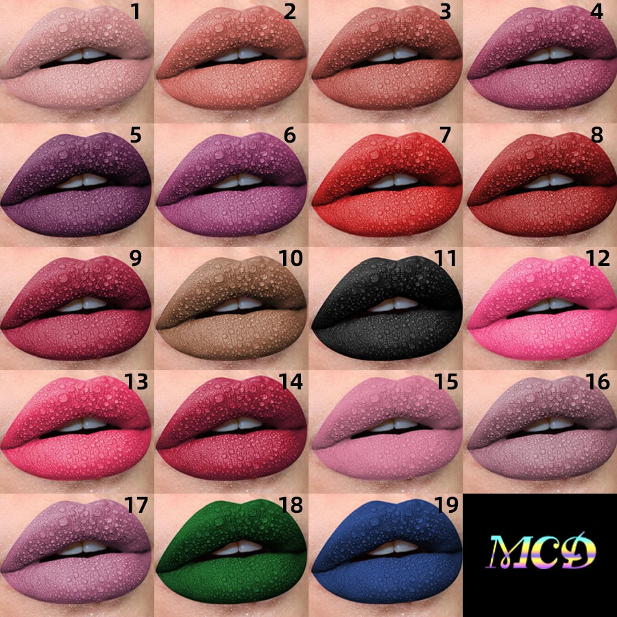 MCD 19-Shade Matte Velvet Liquid Lipstick – Waterproof Lip Glaze