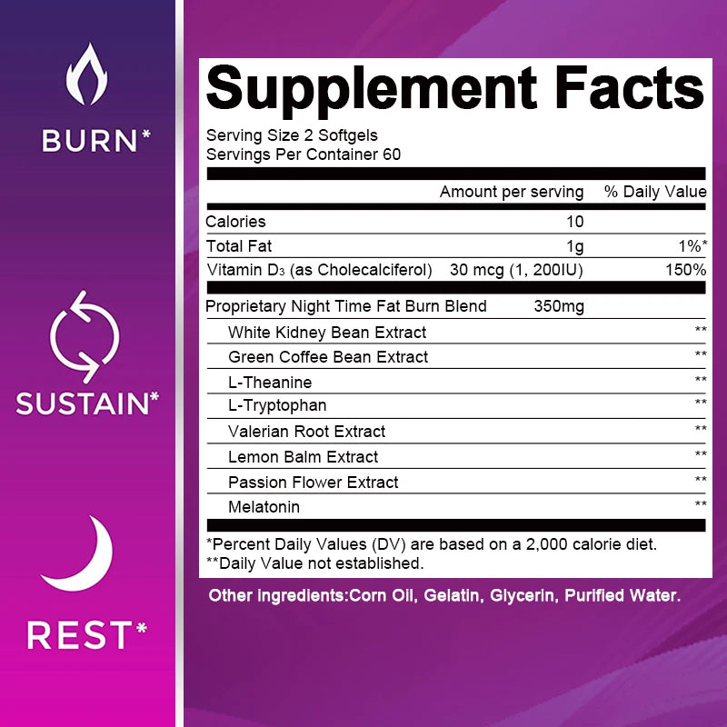 BEWORTHS 120pcs Night Time Fat Burnner Capsule for Women and Men Loss Weight Management Weight Slimming Tool Detox Burning Fat Oasis Select