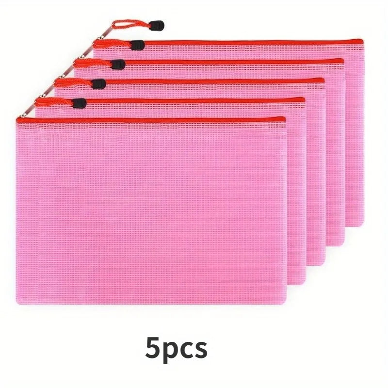 5pcs Thickened A4 file bag with zipper, PVC transparent mesh, large capacity student stationery, office supplies, data file bag Oasis Select Red