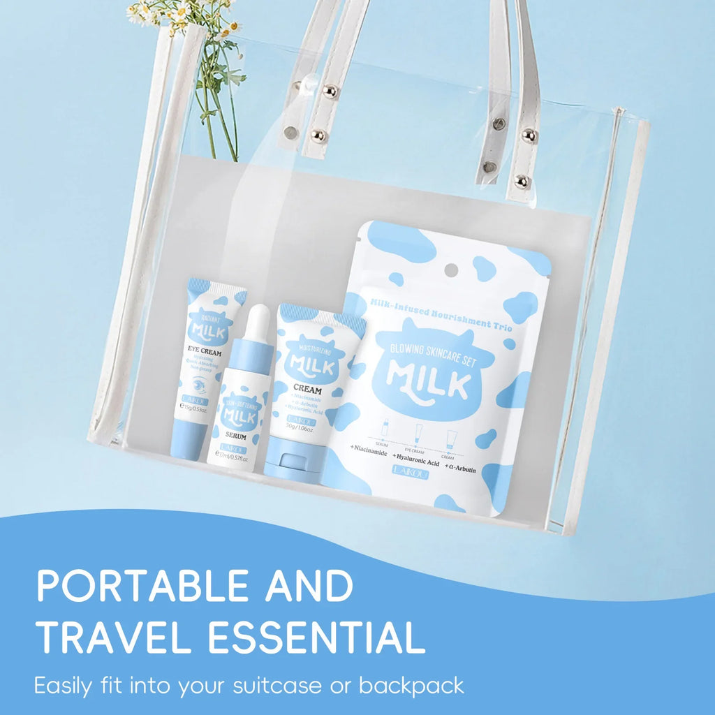 LAIKOU Milk 3pcs Travel Skin Care Set Niacinamide Hyaluronic Acid Serum Eye Cream Moisturizer Hydrating Brightening Glow Skin Oasis Select