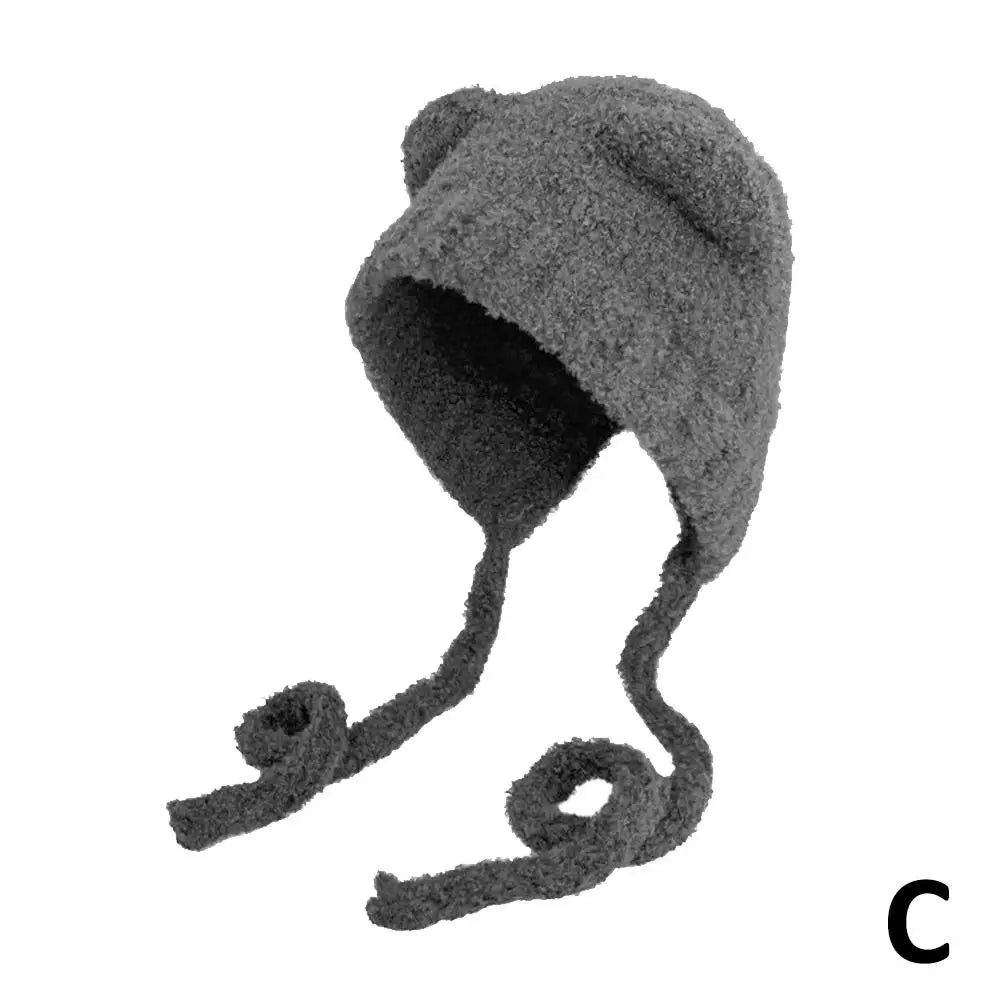 NEW Winter Plush Beanies Cute Bear Ear Wool Hat for Women Girls Cute Ear Muffs Windproof Knitted Cap For Cold Weather Oasis Select Gray One size