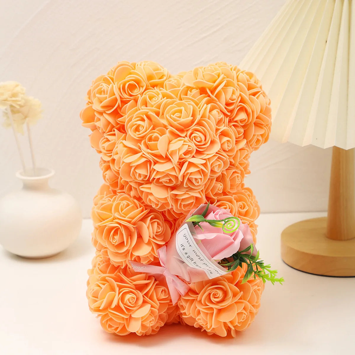 Foam rose teddy bear carry bouquet. Ideal for weddings, Mother's Day, thank you to nurses/teachers or other celebrations! Oasis Select Orange