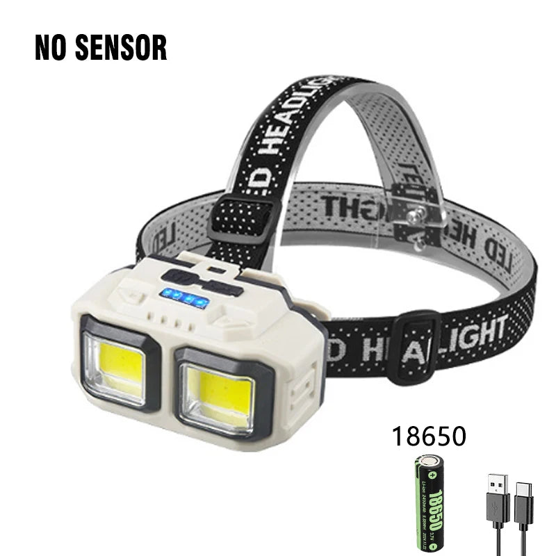 Rechargeable COB Induction Headlamp Powerful LED Head Light with 4 Lighting Modes Lantern for Outdoor Camping Fishing Emergency Oasis Select No Sensor 2400MAH