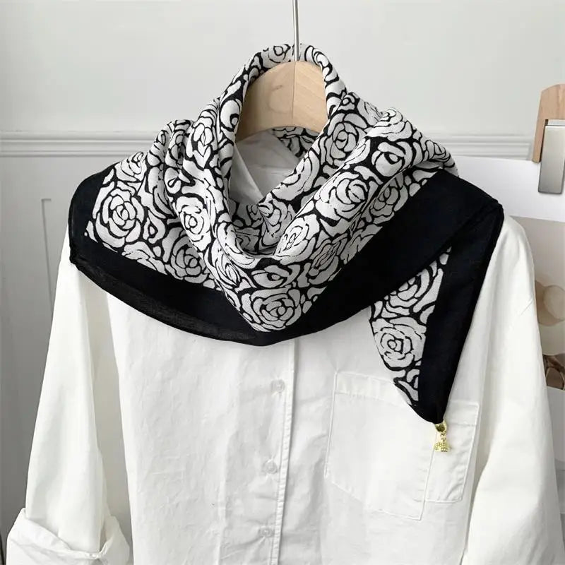 70x70 Retro Print Square Silk Scarf with Magnetic Buckle