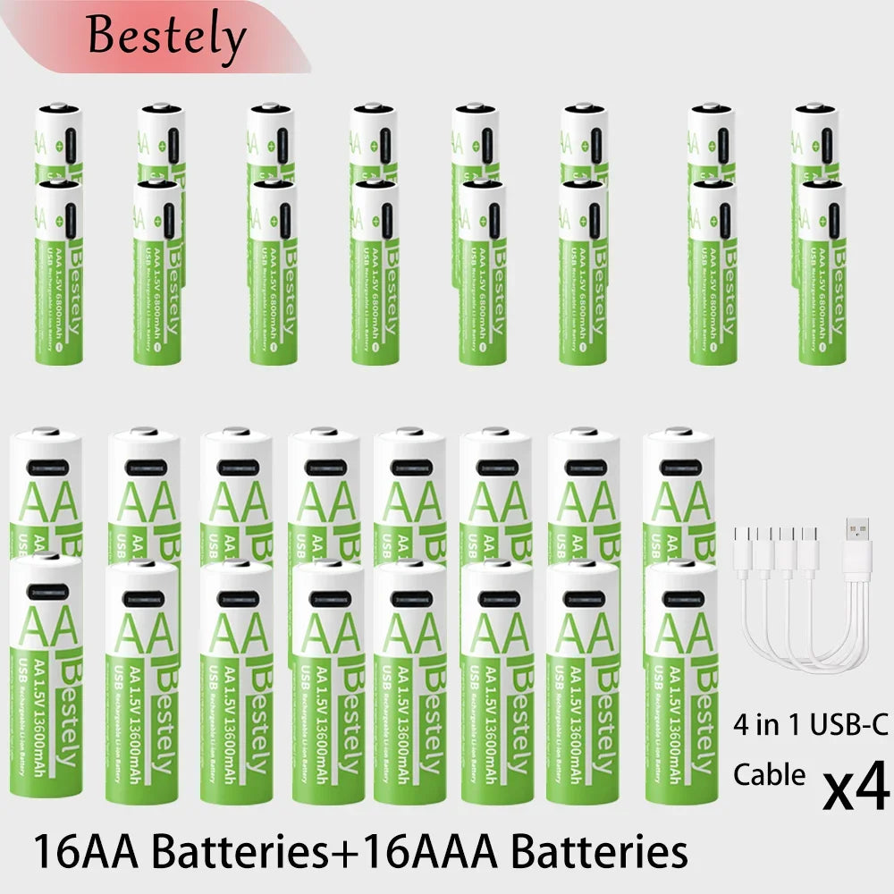 AA AAA 1.5V Li-ion Rechargeable Battery USB-C Charging 13600mAh 6800mAh High Capacity Battery for Flashlight Camera Controller Oasis Select 16AA 16AAA