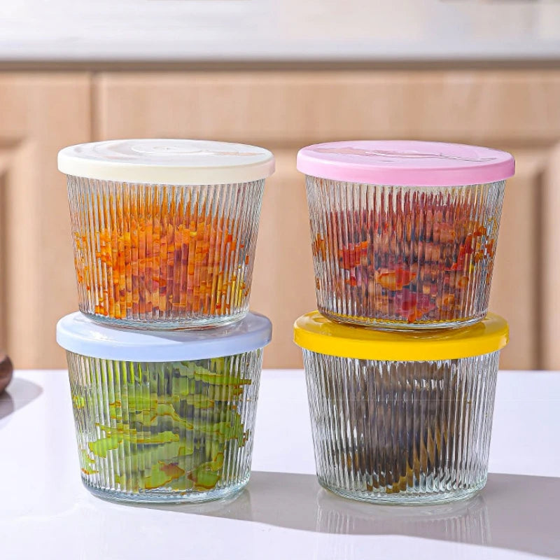 4Pcs 6.8oz Clear Ribbed Glass Cups with Lids, Stackable Mini Bowls, Reusable Jars for Dessert Pudding Sauce Salad Nut Oat Oasis Select