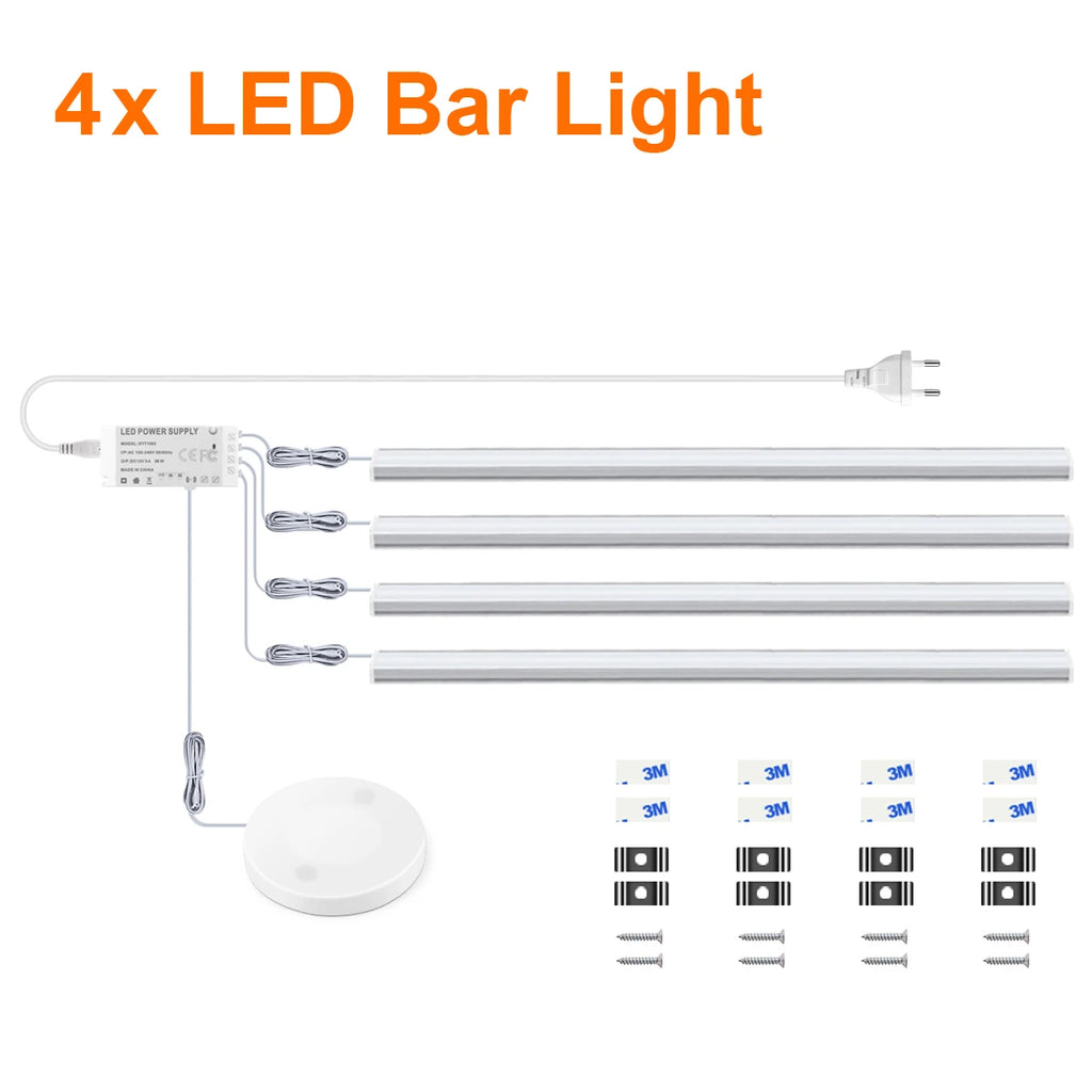 1-6pcs Kitchen LED Under Cabinet Light 12V Penetrable Touch Switch Wood Hand Scan Motion Sensor Dimmable LED Bar Night Lamp EU Oasis Select 4PCS With EU Plug White 30CM