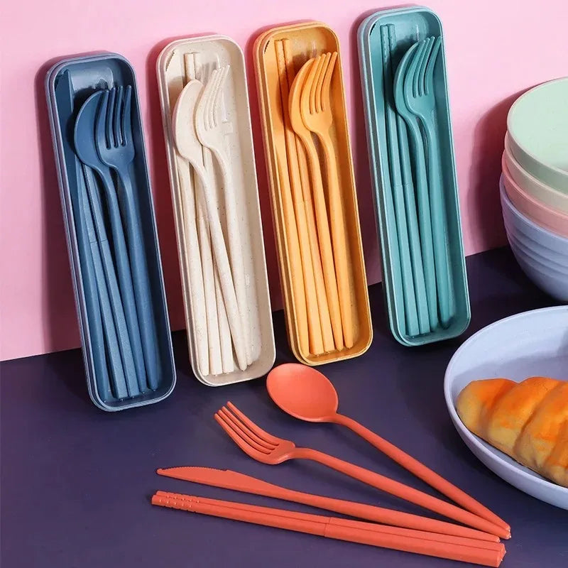 Portable Wheat Straw Dinner Utensil Kit Eco Friendly Spoon Fork Knife Chopstick Box for Travel Camping Oasis Select