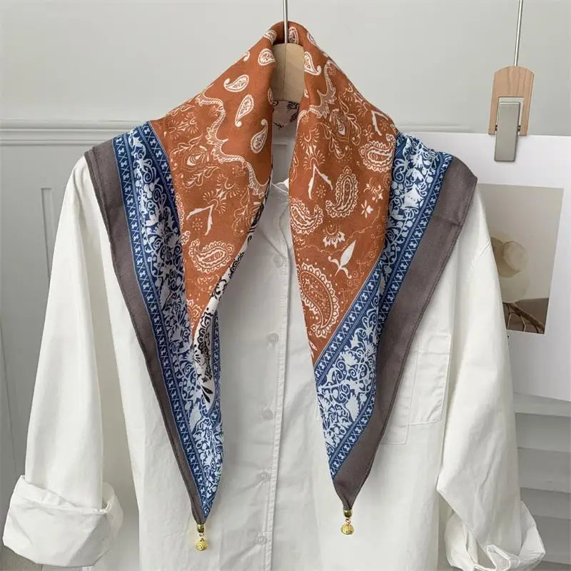 70*70 Square Scarf Retro Print Silk Scarf With Magnetic Buckle Women Neck Scarf All-match Shawl Fashion Headscarf Accessory Gift Oasis Select A34