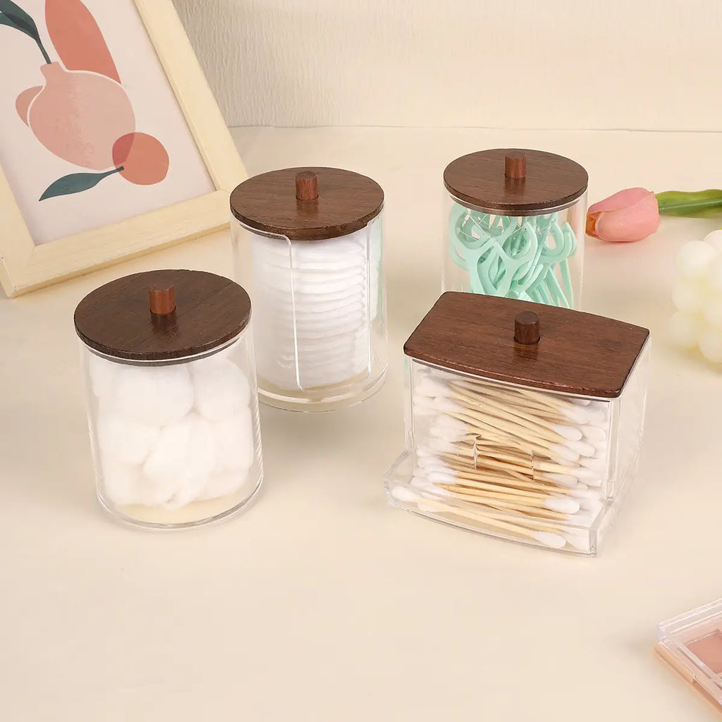 4pack Cotton Swab Holders,With Walnut Stained Wood Lids Apothecary Jar Containers, Cotton Ball Dressers, Bathroom Organization Oasis Select
